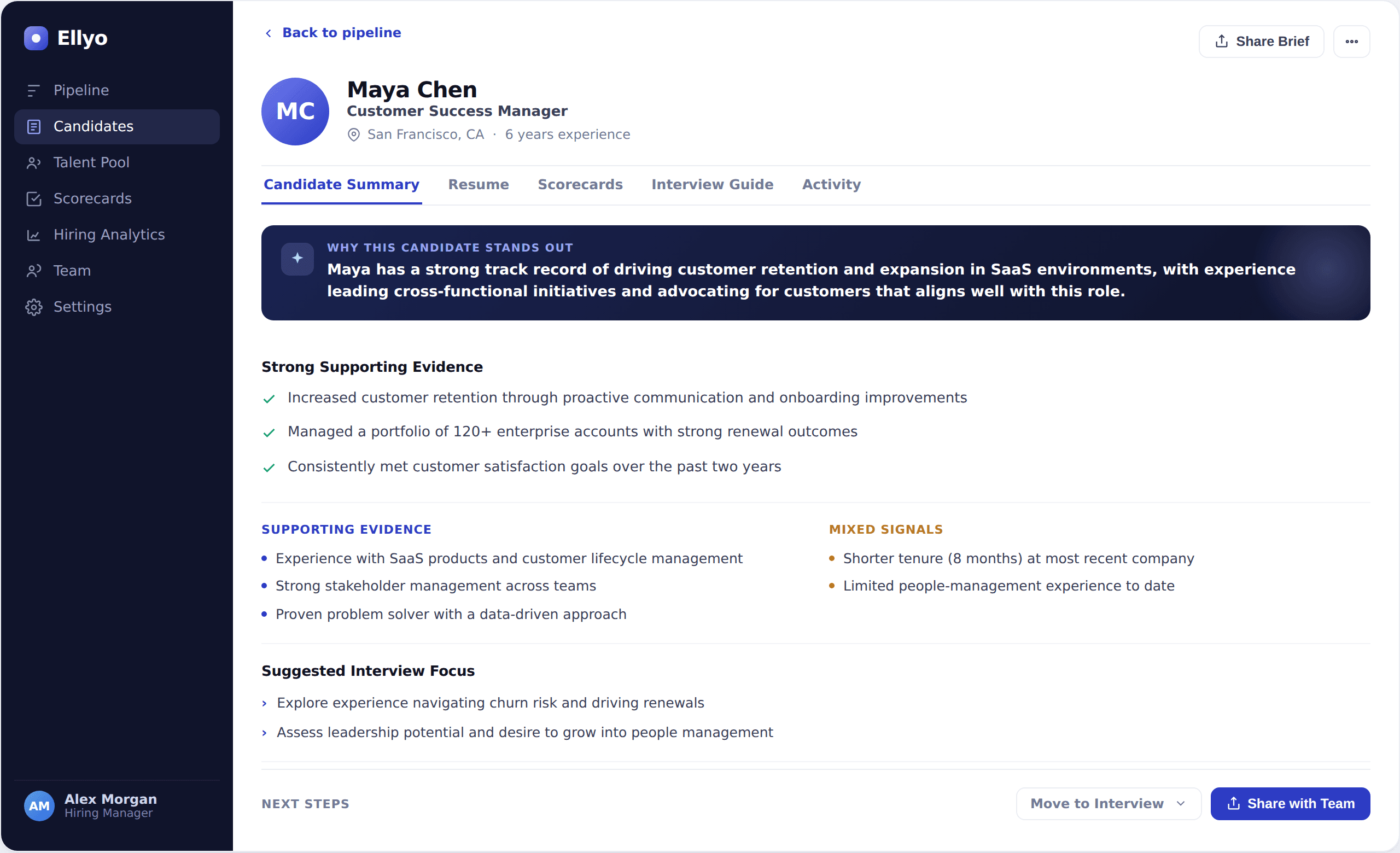 Ellyo Candidate Brief showing summary, strengths, concerns, and interview focus